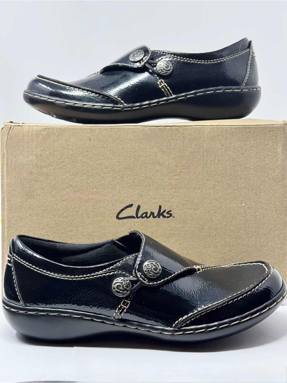 NEW Clarks Ashland Lane Q Women’s 5.5M Loafers Black Patent Leather A72 Box $76